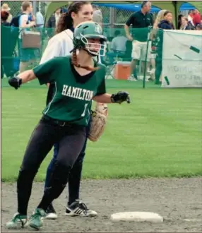  ?? Submitted Photo by DAVID HOLLIS ?? Hamilton’s Kendall Rusch reaches second base in the Class D state semifinal against Batavia Notre Dame on June 9. The Emerald Knights are looking to join a summer league to keep their softball skills sharp.