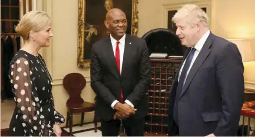  ?? ?? Tony Elumelu (centre), chairman, UBA Group, with Prime Minister Boris Johnson ( r) of the United Kingdom; and HRH Sophie, Countess of Wessex, at a private meeting to advance UK-Africa partnershi­p and empower young women in Africa, at 10 Downing Street, London, UK, recently