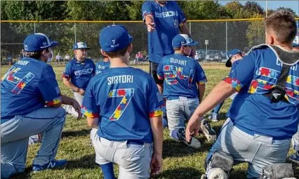  ?? James Franco / Special to the Times Union ?? North Colonie Bison 11U coach Sean Gavin talks to his team prior to a 2020, game against Guilderlan­d at the Boght Road Baseball complex in Colonie.