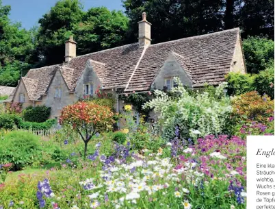  ??  ?? England
Eine klare Trennung von Rasen und
Sträuchern ist im englischen Garten wichtig, der auf prächtige Farben und üppigen Wuchs setzt. Die Pflanze steht im Zentrum, Rosen gehören dazu. Holzmöbel und freistehen­de Töpfe, die am Wegesrand stehen, runden das perfekte britische Landleben ab.