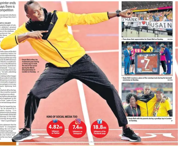  ?? AP ?? Usain Bolt strikes his trademark pose during a victory lap to mark the end of his career during the World Championsh­ips in London on Sunday.