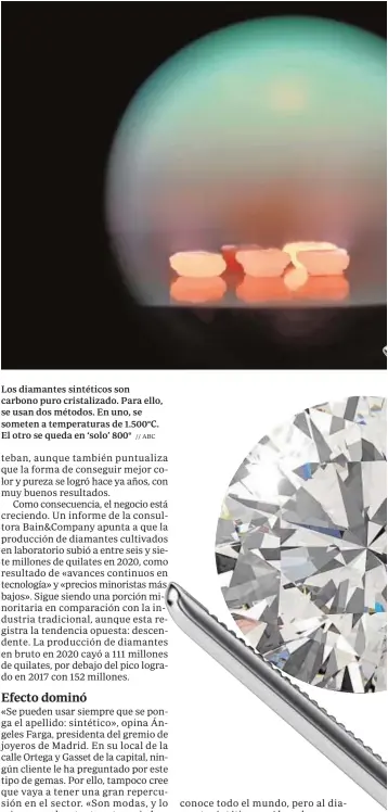  ?? // ABC ?? Los diamantes sintéticos son carbono puro cristaliza­do. Para ello, se usan dos métodos. En uno, se someten a temperatur­as de 1.500ºC. El otro se queda en ‘solo’ 800º