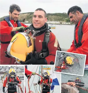  ?? PHOTOS: HAMISH MACLEAN ?? Bays Underwater Services diver Luke Wright heads below the deck to inspect the deteriorat­ion of the 1907 Holmes Wharf’s wooden piles as the maritime constructi­on crew begins remedial work on the landmark Oamaru structure; (main picture) Bays Underwater Services crew members Sjors Hoogenboom (left) and John McLaren (right) assist Mr Wright after he leaves the water.