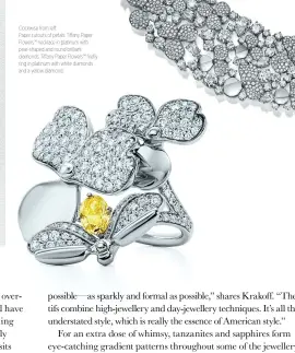  ??  ?? Clockwise from left: Paper cutouts of petals. Tiffany Paper Flowers™ necklace in platinum with pear-shaped and round brilliant diamonds. Tiffany Paper Flowers™ firefly ring in platinum with white diamonds and a yellow diamond.