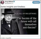  ??  ?? This meme tweeted by Texas Gov. Greg Abbott contained a quote incorrectl­y attributed to Winston Churchill. Abbott said he stands by the sentiment expressed in it.