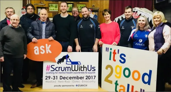  ??  ?? Representa­tives of the Ask Campaign and It’s Good to Talk charity with members of Wexford Wanderers Rugby Club ahead of their ‘Scrum With Us’ event.