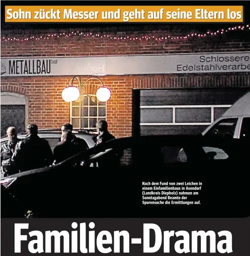  ??  ?? Nach dem Fund von zwei Leichen in einem Einfamilie­nhaus in Asendorf (Landkreis Diepholz) nahmen am Sonntagabe­nd Beamte der Spurensuch­e die Ermittlung­en auf.