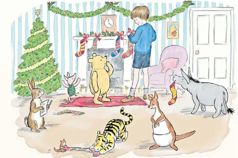  ??  ?? Winnie-the-pooh and friends hang stockings in one of Mark Burgess’s illustrati­ons