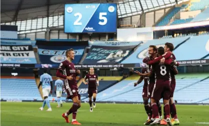  ??  ?? Leicester celebrate Youri Tieleman’s penalty. Photograph: Mark Robinson/NMC Pool