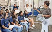  ??  ?? Clytie Bunyan, The Oklahoman’s director of business and lifestyles, speaks to students as part of a tour organized by Cristo Rey Oklahoma City Catholic High School.