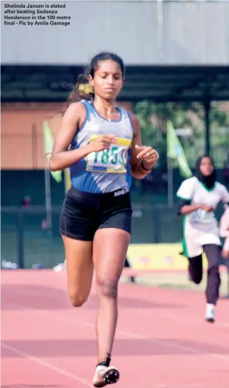  ??  ?? Shelinda Jansen is elated after beating Sadeepa Henderson in the 100 metre final - Pic by Amila Gamage