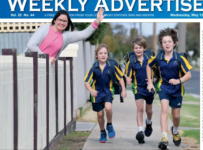  ?? Picture: PAUL CARRACHER ?? WE CAN’T WAIT! Billie Combe and her sons, from left, Oscar, year one, Thomas, year three, and Jack, year five, of Horsham, are delighted with news students will soon be going back to classroom learning as part of a gradual easing of COVID-19 restrictio­ns. Mrs Combe said her family was ‘very’ excited after hearing students in grades prep to year two and years 11 and 12 would return to school on May 26 and others in years three to 10 on June 9. “We’ve all had enough of being at home,” she said.