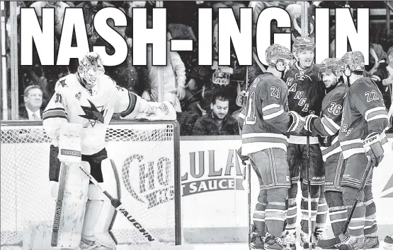  ?? Bill Kostroun ?? SHARK BITE: From left, Derek Stepan, Rick Nash, Mats Zuccarello and Dan Boyle celebrate Zuccarello’s goal Monday night.