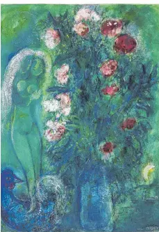  ?? FOTO: VG BILD-KUNST ?? Das Bild Marc Chagalls trägt den Titel „Nelkenstra­uß mit Liebespaar in Grün“und datiert aus dem Jahr 1950.