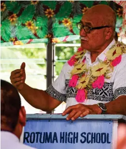  ??  ?? President Major-General (Ret’d) Jioji Konrote informs the people of Rotuma of the impact of the COVID-19 pandemic on Fiji’s economy and the importance of abiding by the laws put in place by the Government to keep everyone safe.