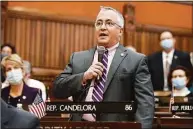  ?? Jessica Hill / Associated Press ?? Connecticu­t House Minority Leader Vincent Candelora, R-North Branford, speaks during opening session at the State Capitol, Wednesday, Feb. 9, in Hartford.