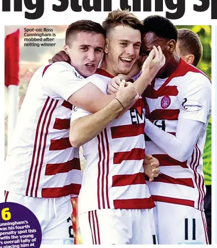  ??  ?? Spot-on: Ross Cunningham is mobbed after netting winner