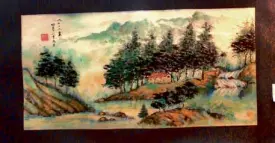  ??  ?? KATHLEEN Uy Kong’s meticulous­ly hand-painted watercolor landscape scroll