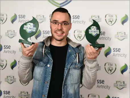  ??  ?? Shane Crossan of Sligo Rovers with the club’s awards for Best Family Initiative and Supporters Contributi­on at the SSE Airtricity League Club Awards at Knightsbro­ok Hotel in Trim, Co Meath. Pics: Stephen McCarthy/Sportsfile.