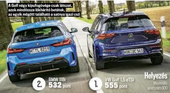  ??  ?? A Golf négy kipufogóvé­ge csak látszat, azok mindössze lökhárító betétek, az egyik mögött található a satnya igazi cső
BMW 118i 532
pont
VW Golf 1.5 ETSI 555
pont
Helyezés Maximális pontszám 800