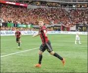  ?? JOHN ADAMS / ICON SPORTSWIRE ?? Atlanta United player Julian Gressel celebrates after scoring the equalizing goal against the Portland Timbers on June 24 in Atlanta.