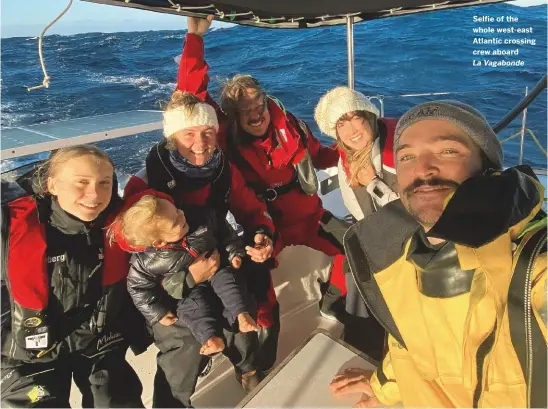  ??  ?? Selfie of the whole west-east Atlantic crossing crew aboard
La Vagabonde