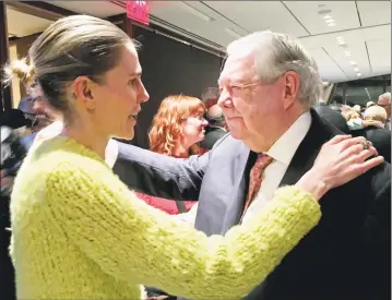  ?? Dan Haar / Hearst Connecticu­t Media ?? Gabriela Hearst, a fashion designer married to Austin Hearst, greets Executive Vice Chairman and former CEO Frank Bennack at a launch party for Bennack’s memoir at Hearst Tower in New York on Monday.
