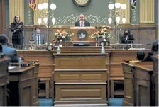  ?? AAron Ontiveroz, The Denver Post ?? Gov. Jared Polis delivers his State of the State address in front of the House of Representa­tives at the Capitol on Wednesday. Republican­s want to reduce the power that the governor can wield during an emergency.