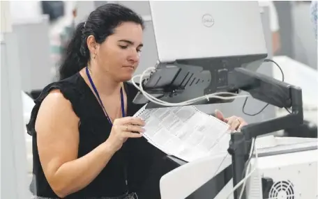  ?? AP PHOTO/LYNNE SLADKY ?? A worker organizes vote-by-mail ballots for scanning during the midterm election at the Miami-Dade County Elections Department on Nov. 8 in Miami.