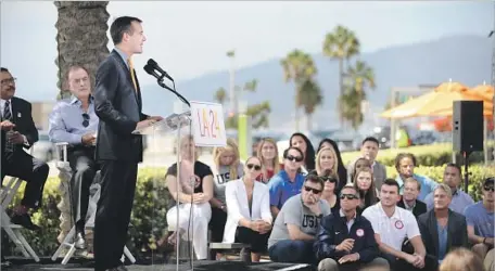  ?? WALLY SKALIJ Los Angeles Times ?? SHORTLY AFTER L.A. revived its Olympic bid in 2015, Mayor Eric Garcetti held a celebrator­y event at Santa Monica State Beach.