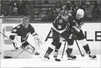  ?? CHRIS O’MEARA/AP ?? TAMPA BAY LIGHTNING RIGHT WING TAYLOR RADDYSH (16) and Arizona Coyotes right wing Dmitrij Jaskin (93) battle for the puck in front of goaltender Andrei Vasilevski­y (88) during the second period of a game Thursday in Tampa, Fla.