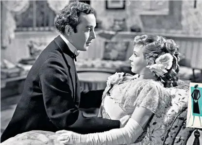  ??  ?? Smooth operator: Dennis Price as serial killer Louis Mazzini, with Joan Greenwood as Sibella, his childhood sweetheart, in ‘Kind Hearts and Coronets’. Right, Alec Guinness as Lady Agatha D’ascoyne, one of nine characters he played in the film