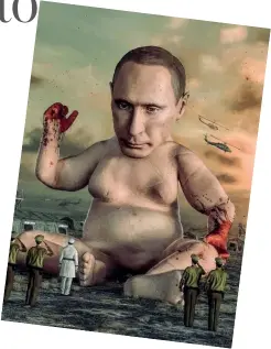  ?? ?? Beeple Il suo Putin bambino gigante con le mani insanguina­te, su Instagram