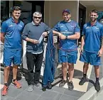  ?? TRU ?? Gavin Dickson, second from left, was presented with tickets to Friday’s Mitre 10 Cup semi-final by Tasman Mako players Jamie Spowart, Vernon Fredericks and Billy Guyton.