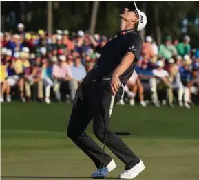  ?? EPA PIC ?? Justin Rose reacts after missing his birdie putt on the eighteenth hole during the final round of the Masters on Sunday.