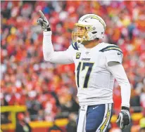  ?? REED HOFFMANN/ASSOCIATED PRESS ?? Chargers quarterbac­k Philip Rivers signals to the bench during a Dec. 29 game against the Chiefs in Kansas City, Mo.