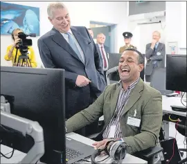  ??  ?? Prince Andrew jokes with college student William Frederick yesterday