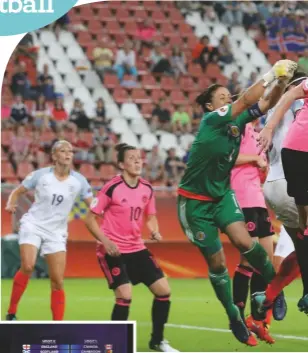  ??  ?? Euro 2017...Scotland keeper Gemma Fay and team-mates try to keep out England