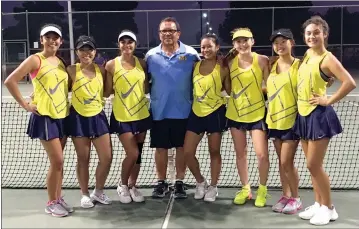  ?? RECORDER PHOTO BY NAYIRAH DOSU ?? Monache High School’s girls tennis team poses after defeating Portervill­e 5-4 to win the East Yosemite League title for the second year in a row.