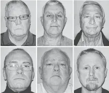  ?? Metropolit­an Police | Associated Press ?? Convicted in the burglary were, top row from left, John Collins, Daniel Jones and Terry Perkins, and bottom row from left, Carl Wood, William Lincoln and Hugh Doyle. They stole cash, jewelry, gold and more worth 14 million pounds ($20 million).