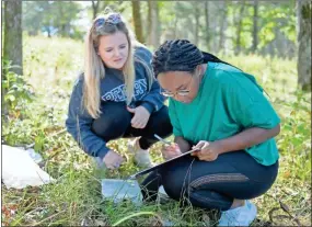  ?? Brant Sanderlin ?? Biology Major Hali Reece, left, and Anthropolo­gy Major Tatiana Hargrove catch and categorize insects in Professor of Biology Bill Davin’s class in Martha’s Meadow during an outdoor lab.