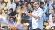  ?? RAJ K RAJ/HT ?? Delhi chief minister Arvind Kejriwal addresses daily-wagers during an event at the Talkatora stadium on Thursday.