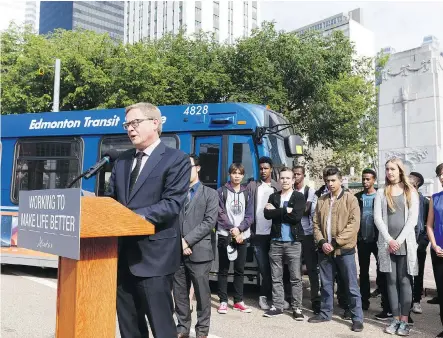  ?? IAN KUCERAK ?? Education Minister David Eggen speaks about reduced transit pass fees for students in Edmonton, Monday.