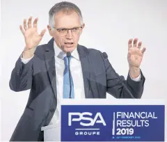  ?? REUTERS ?? Carlos Tavares, CEO of PSA Group, speaks during a news conference at the group’s headquarte­rs in Rueil-Malmaison yesterday.