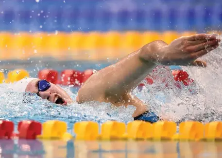  ??  ?? Mona McSharry of Ballyshann­on Marlins Swim Club during the Women’s 100m Freestyle event at the Irish Open Swimming Championsh­ips.