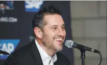  ?? RANDY VAZQUEZ — BAY AREA NEWS GROUP, FILE ?? Sharks interim head coach Bob Boughner smiles as he talks to the media during a press conference at SAP Center in San Jose on Dec. 12. The Sharks on Tuesday removed the interim tag from Boughner’s title.