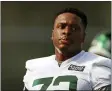  ?? ADAM HUNGER, FILE — THE ASSOCIATED PRESS ?? New York Jets offensive tackle Cameron Clark was taken to a hospital by ambulance after injuring his neck late in practice Tuesday, Aug. 3, 2021.