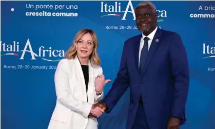  ?? ?? Giorgia Meloni with Moussa Faki during the Italy-Africa Summit in Rome. Photograph: Riccardo Antimiani/EPA