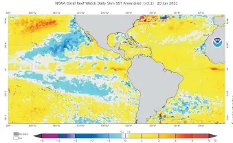  ??  ?? Análisis actual de anomalías de temperatur­as del océano. Colores amarillos y rojos representa­n temperatur­as más altas de lo normal, y los azules más fríos de lo normal.