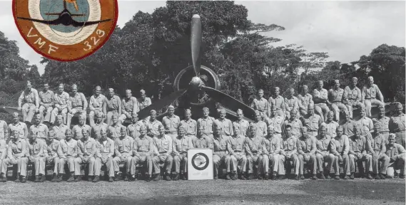  ??  ?? Bottom: This was taken at some of the other bases before they arrived at Kadena Air Base. This shows all VMF-323 personnel, including 32 of its frontline pilots. (Photo courtesy Charles Allen)